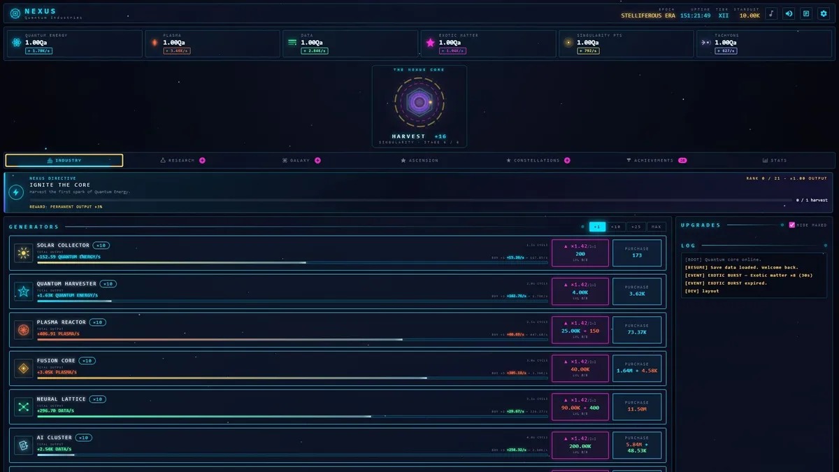 Nexus: Quantum Industries의 화면. 상단의 자원 수치 막대와 중앙의 수확 버튼, 하단의 생산 시설 목록으로 이루어져 있다.