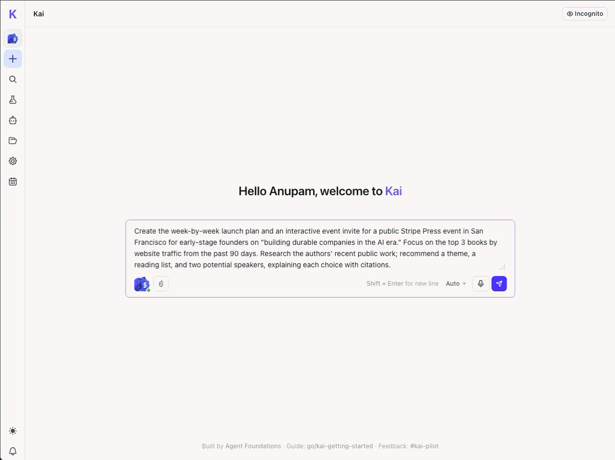 Kai 웹 앱 화면 녹화. 사용자가 AI 시대의 창업자를 주제로 한 Stripe Press 공개 행사의 주간 출시 계획과 인터랙티브 초대장을 만들어 달라고 요청하고, Kai가 만든 event_invite.html 초대장 페이지가 표시된다.