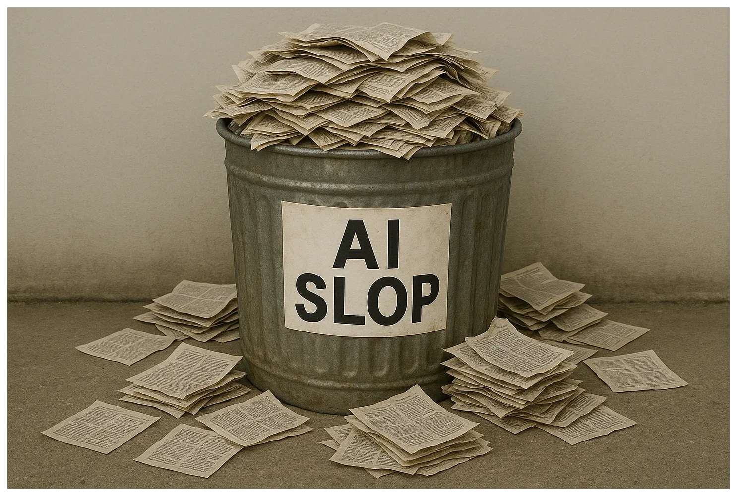 AI SLOP이라고 적힌 쓰레기통이 넘치는 일러스트