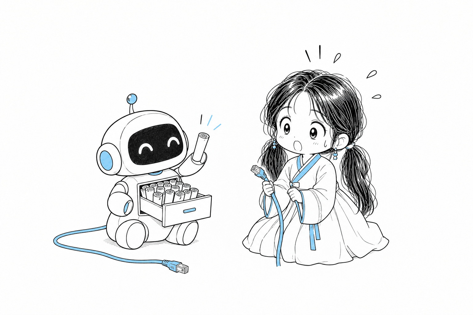 바닥에 앉은 작은 로봇 옆으로 뽑힌 하늘색 랜선이 늘어져 있다. 로봇의 가슴 서랍이 열려 있고 그 안에 둥글게 만 종이 두루마리가 가득하며, 로봇은 웃으며 두루마리 하나를 꺼내 든다. 무릎을 꿇은 치비 서소영이 랜선 끝을 쥐고 놀란 눈으로 바라본다.