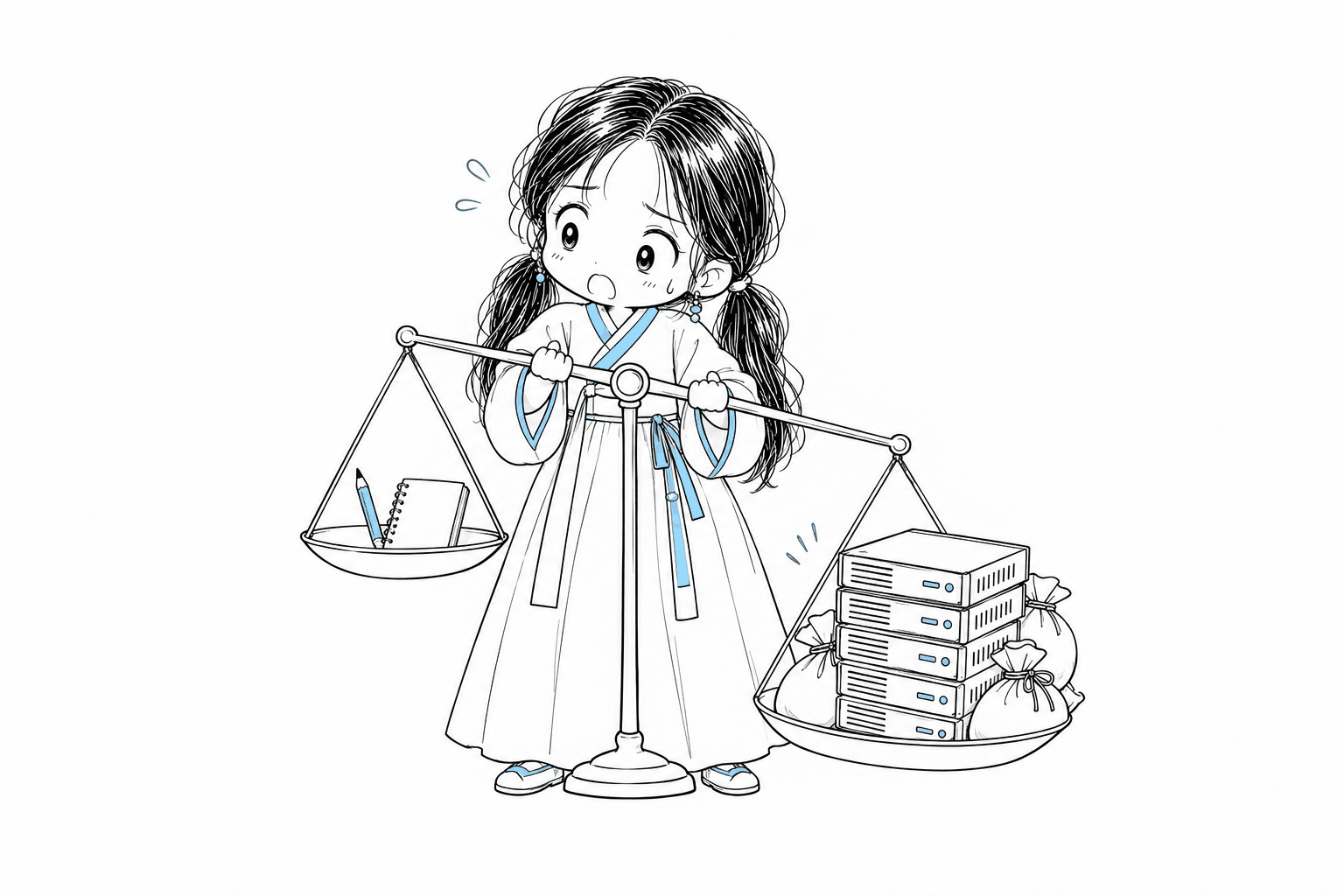 치비 서소영이 양손으로 저울대를 들고 있다. 한쪽 접시에는 연필 한 자루와 작은 공책만 있고, 다른 쪽 접시에는 서버 상자 더미와 돈주머니가 실려 저울이 그쪽으로 크게 기운다. 서소영은 걱정스러운 얼굴로 가벼운 접시를 본다.