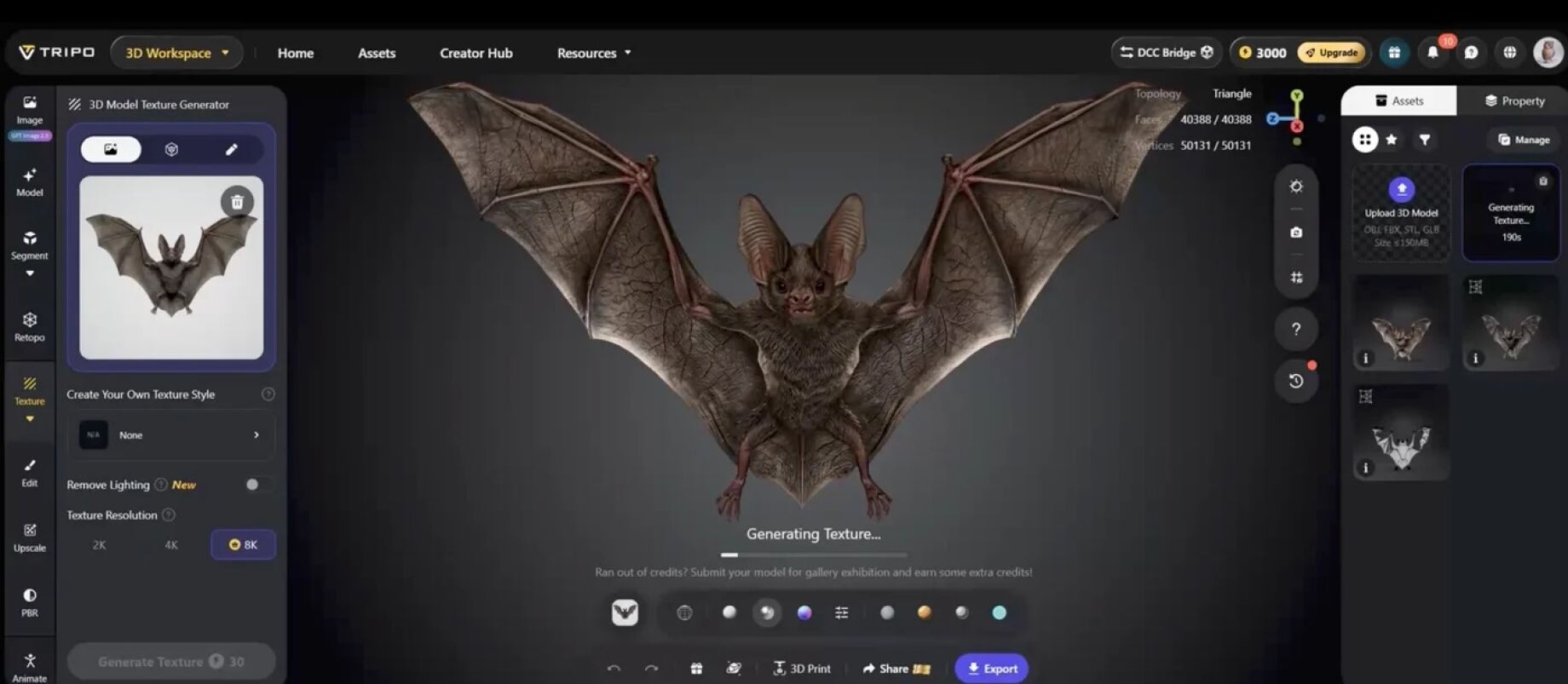 Tripo 3D Workspace 화면에서 삼각형 토폴로지(40,388 폴리곤, 50,131 버텍스)로 생성된 박쥐 모델에 8K 해상도 텍스처를 생성하는 모습