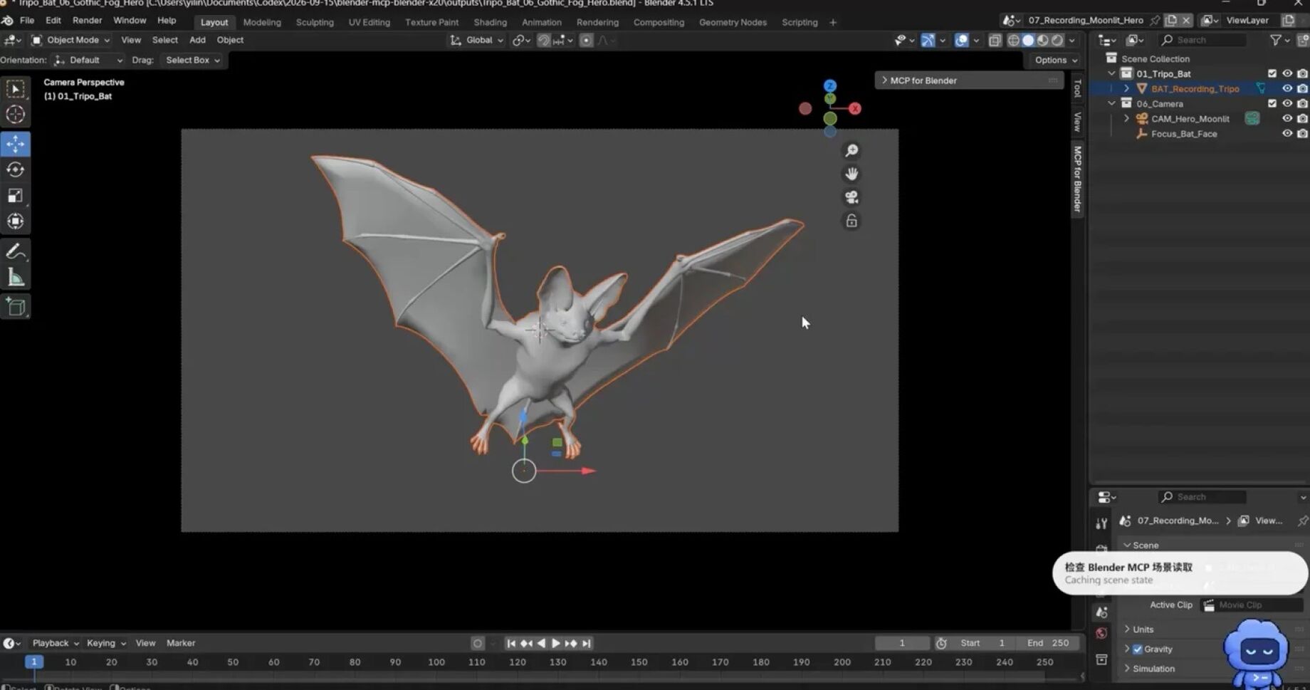 Blender 4.5.1 LTS에서 MCP for Blender를 통해 Tripo로 만든 박쥐 에셋과 카메라 구도를 제어하는 작업 화면