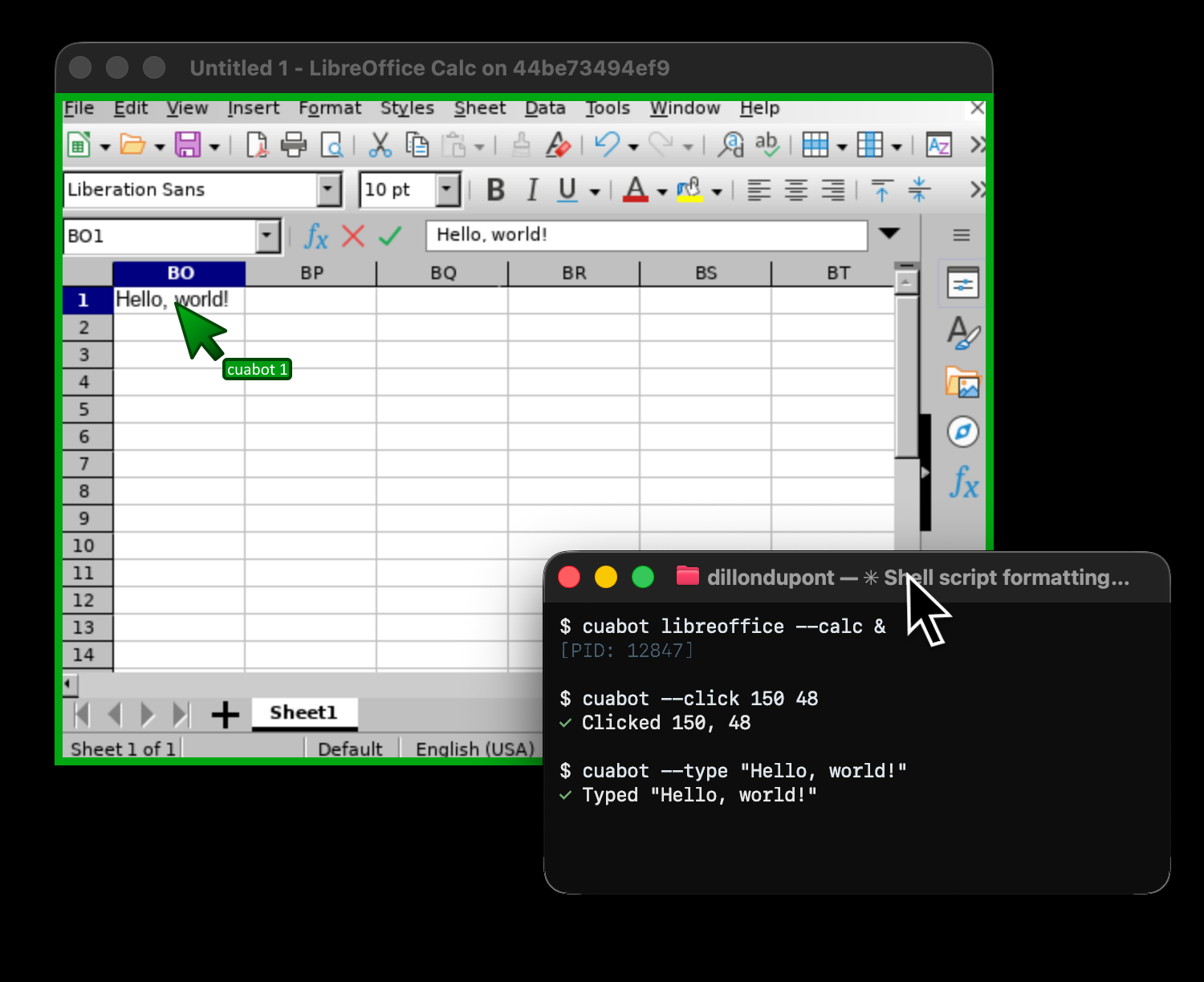 cuabot 스크린샷. LibreOffice Calc 창에 Hello, world! 가 입력되어 있고, 그 위에 겹친 터미널에서 cuabot 명령이 실행되고 있다.