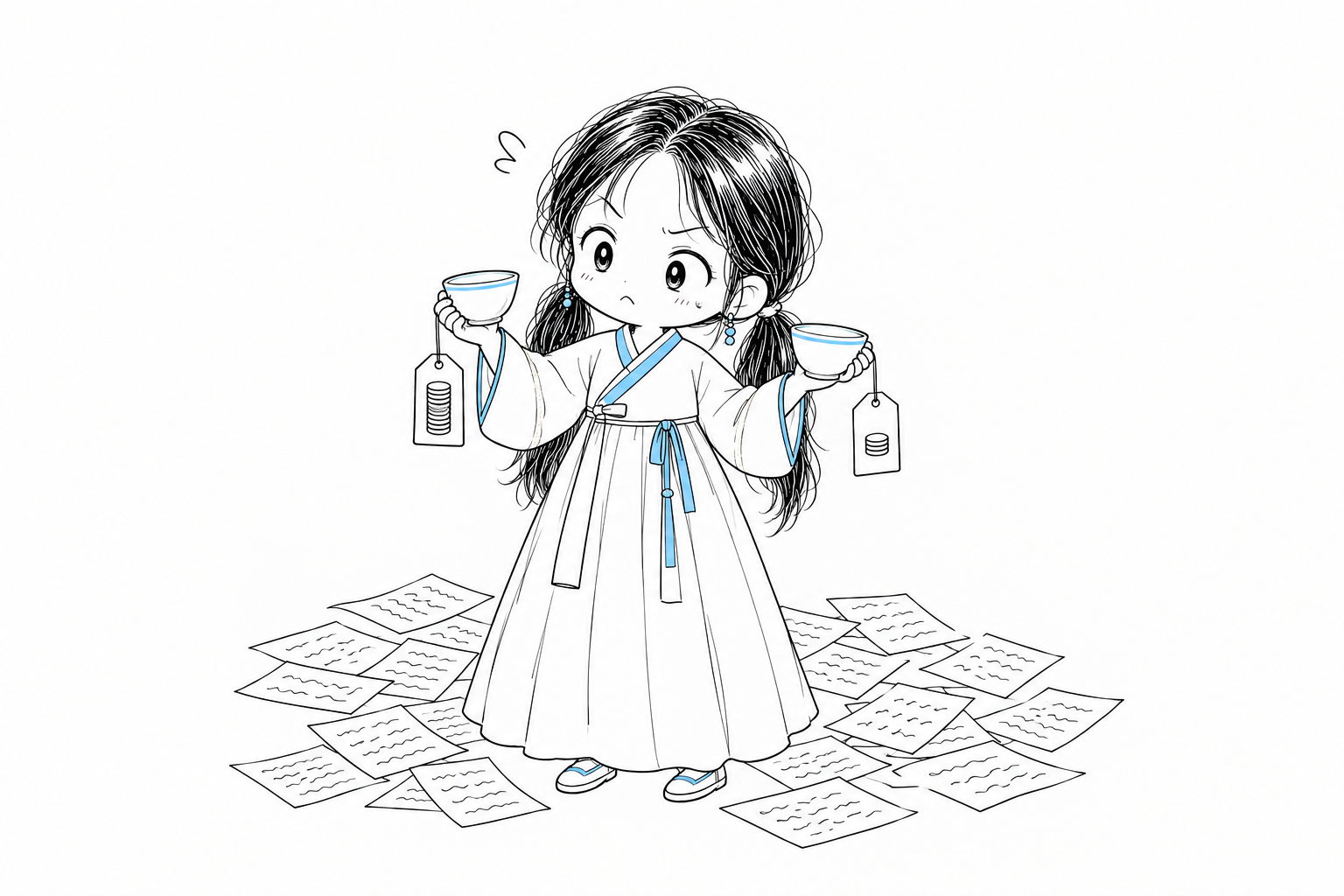 치비 서소영이 똑같이 생긴 찻잔 두 개를 양손에 들고 난처한 얼굴로 비교하고 있다. 한쪽 찻잔의 가격표에는 높은 동전 더미가, 다른 쪽 가격표에는 낮은 동전 더미가 그려져 있고, 발밑에는 같은 물결 모양 글줄이 적힌 종이 수십 장이 어지럽게 흩어져 있다.
