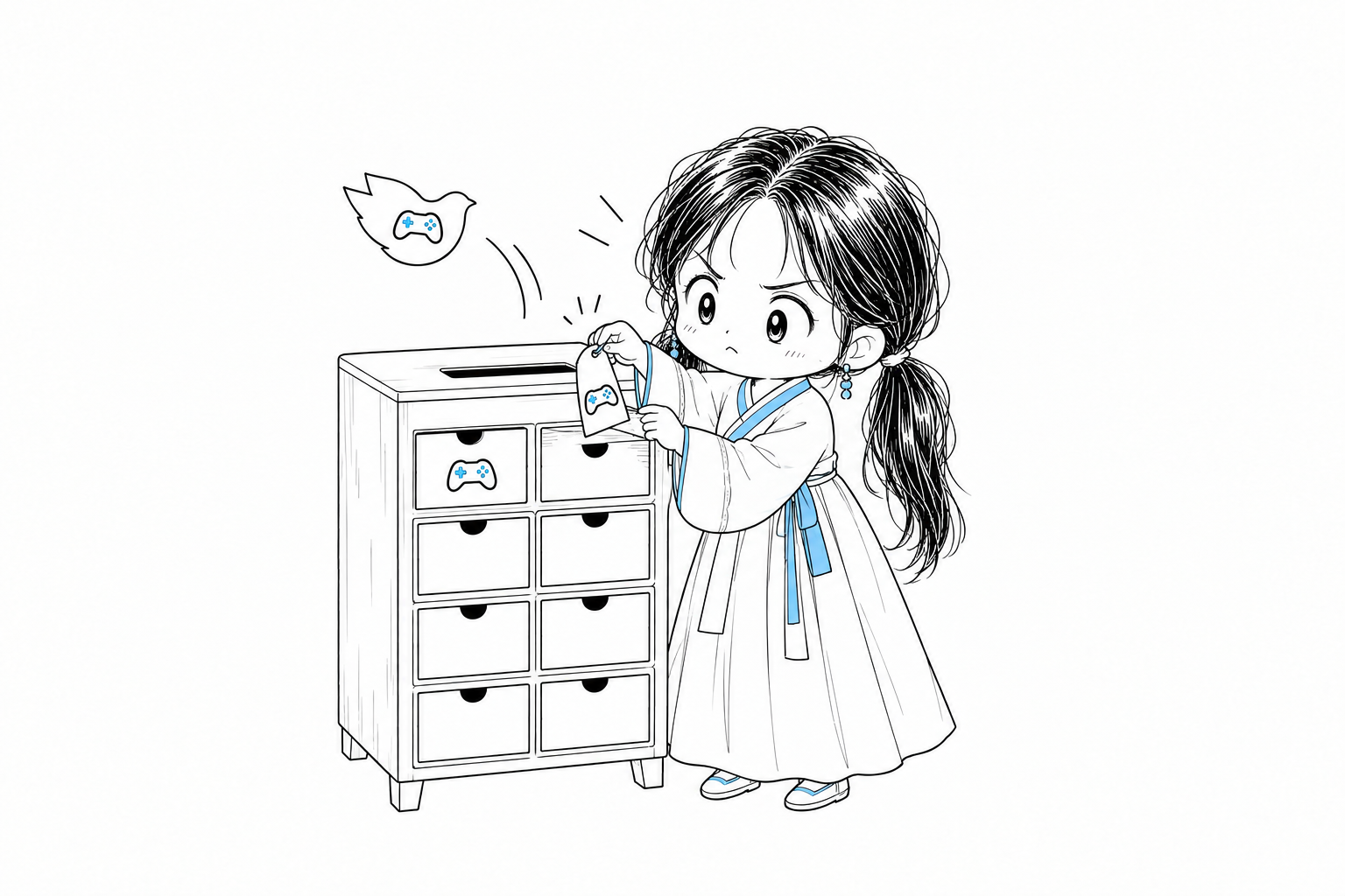 치비 서소영이 서랍 여러 칸이 달린 분류함 옆에서, 투입구에 달린 게임 패드 그림 꼬리표를 떼어 내고 있다. 투입구로 들어간 새 모양 쪽지는 게임 패드 그림이 있는 서랍 한 칸으로만 들어가고 나머지 서랍은 비어 있다