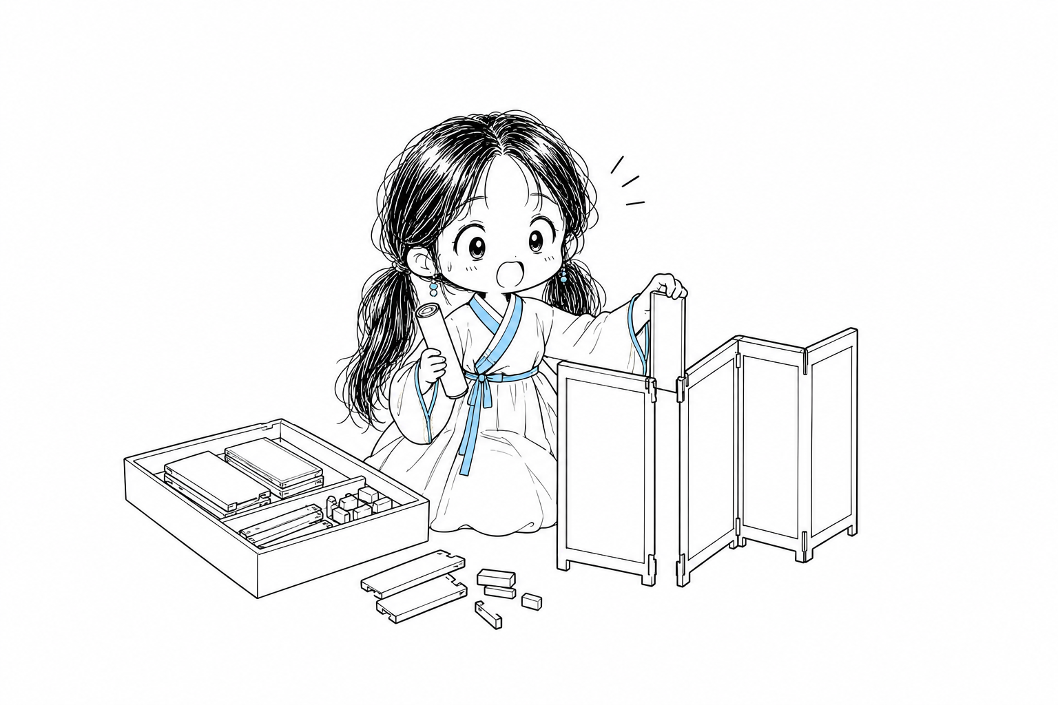 옆에 놓인 부품 상자에서 꺼낸 판과 블록으로 접이식 화면을 세우면서 다른 손에는 두루마리 한 장을 쥔 치비 서소영