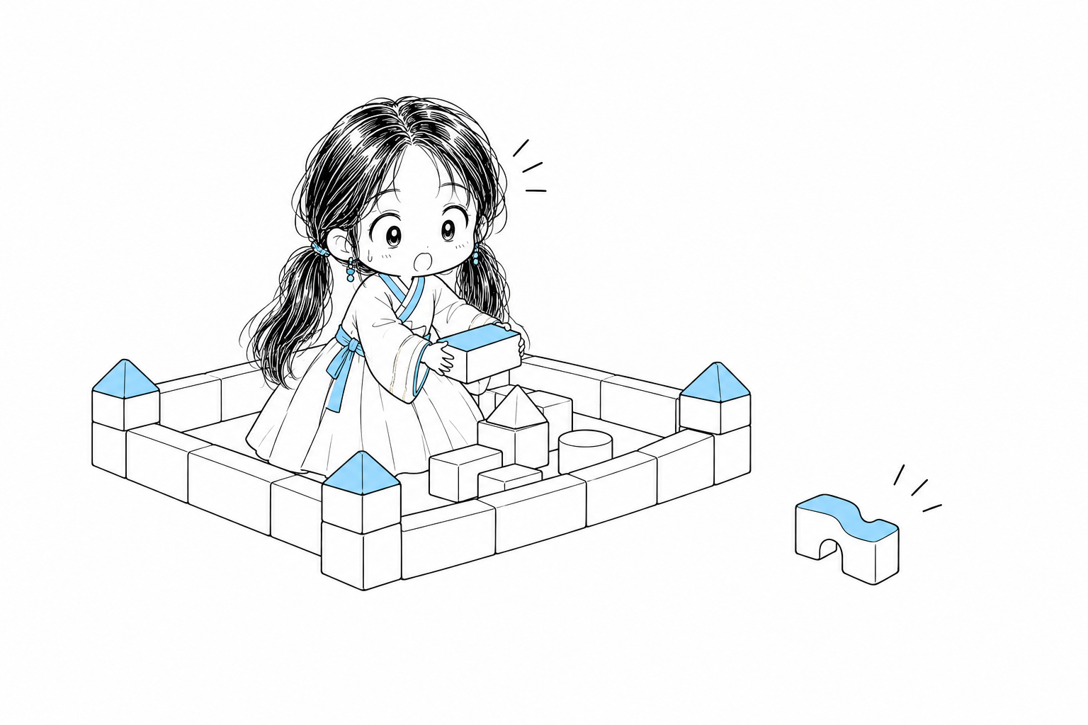 허용된 블록만 담긴 낮은 울타리 안에서 블록 하나를 집어 드는 치비 서소영, 울타리 밖에는 손이 닿지 않는 낯선 모양의 조각 하나가 놓여 있다