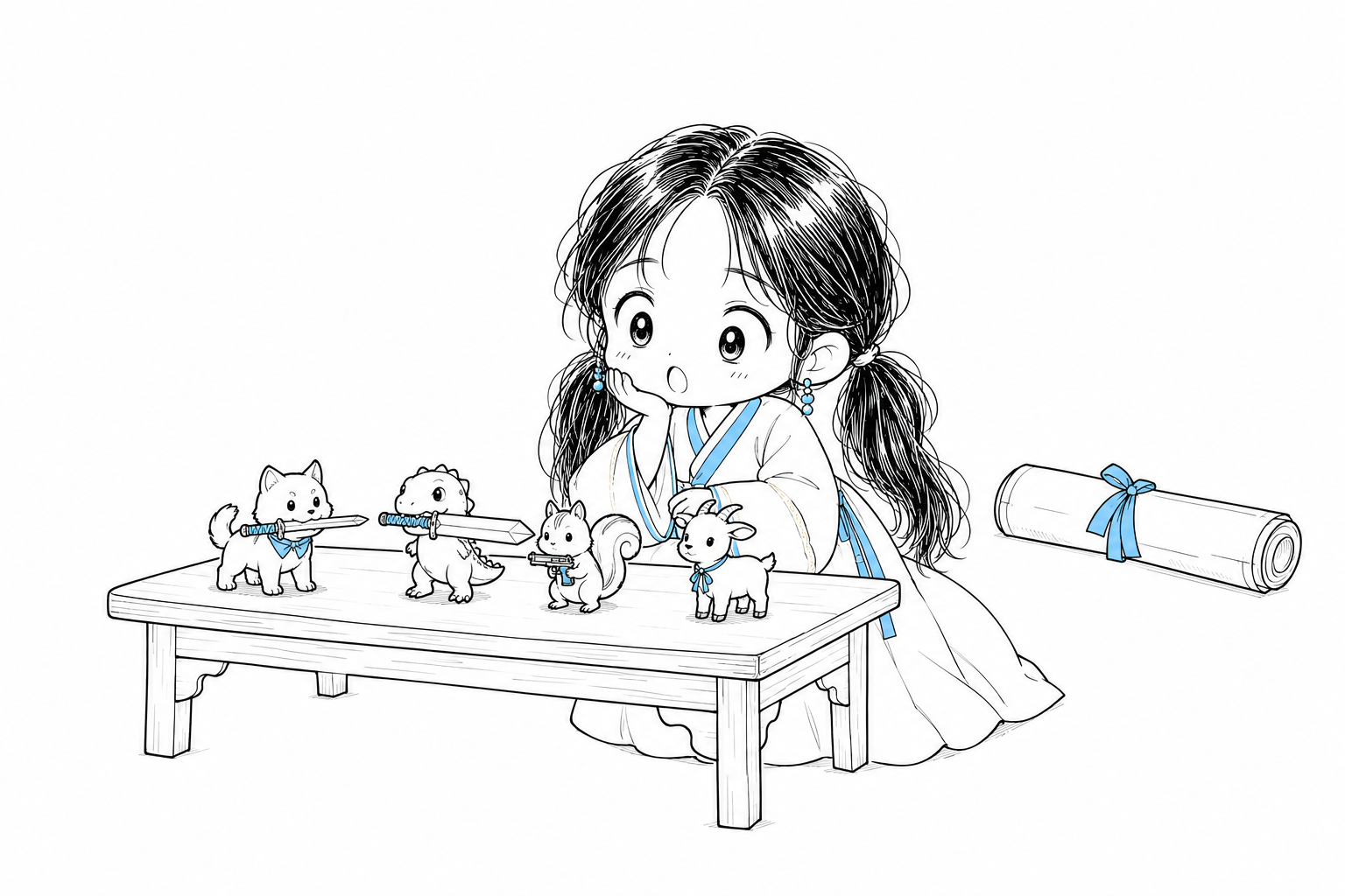 치비 서소영이 낮은 탁자 뒤에 무릎을 꿇고 턱을 괸 채, 탁자 위에 나란히 선 작은 인형 넷을 들여다보고 있다. 칼을 문 개, 대검을 문 공룡, 권총을 든 다람쥐, 염소다. 옆 바닥에는 리본으로 묶인 채 펼치지 않은 기획서 두루마리가 놓여 있다