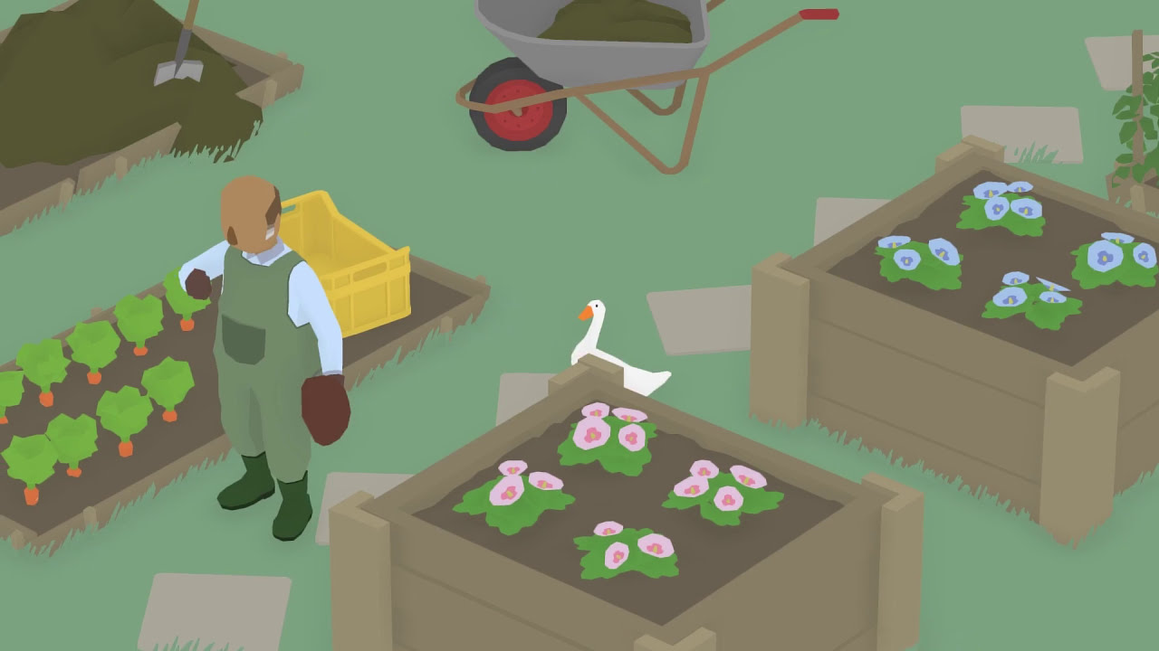 Untitled Goose Game 프리알파 영상의 장면. 화단 상자 너머에 선 거위와 그 옆에 장갑을 낀 채 서 있는 정원사