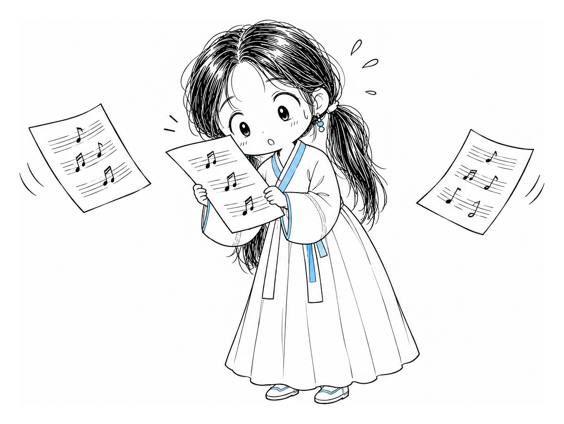 치비 서소영이 편곡 악보 한 장을 품에 끌어안듯 들고 귀를 기울이는 사이, 나머지 두 장이 양옆으로 날아가고 있다